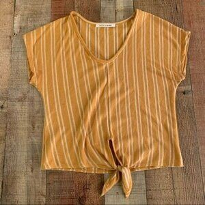 Caution to the wind mustard yellow and white striped short sleeve cuffed top